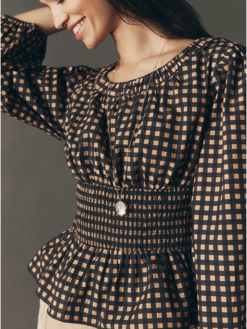 Anthropologie Smocked Waist Black and Tan Check Peplum Blouse - Women Tops - Picture 3 of 7